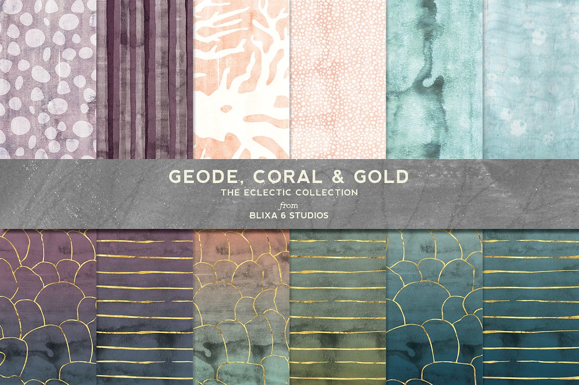金箔线条水彩背景Geode, Coral -amp; Gol