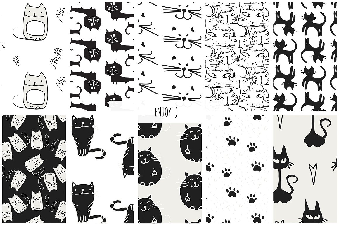 手绘猫图案无缝背景Cats Seamless Vector