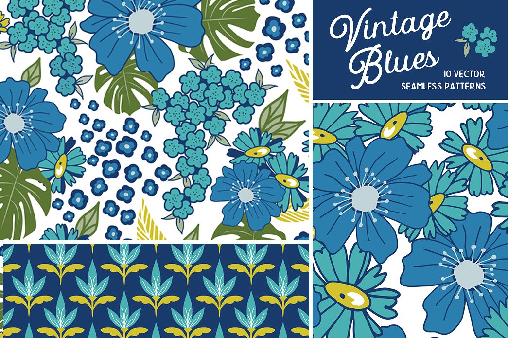 复古花卉图案无缝背景Vintage Blues Floral
