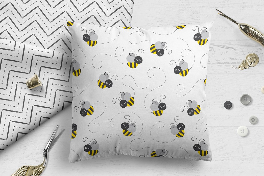 蜜蜂花卉插画无缝背景Baby Bees Seamless P