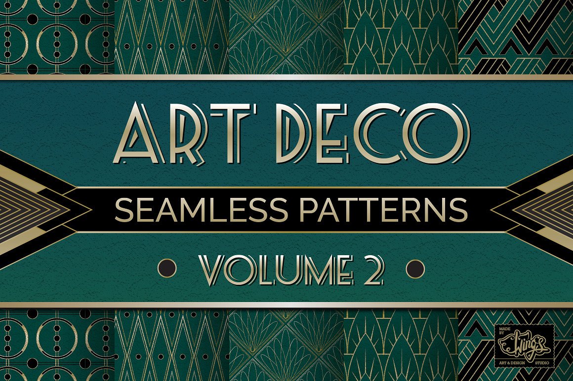 绿色色调金色装饰艺术图案Art Deco Seamless