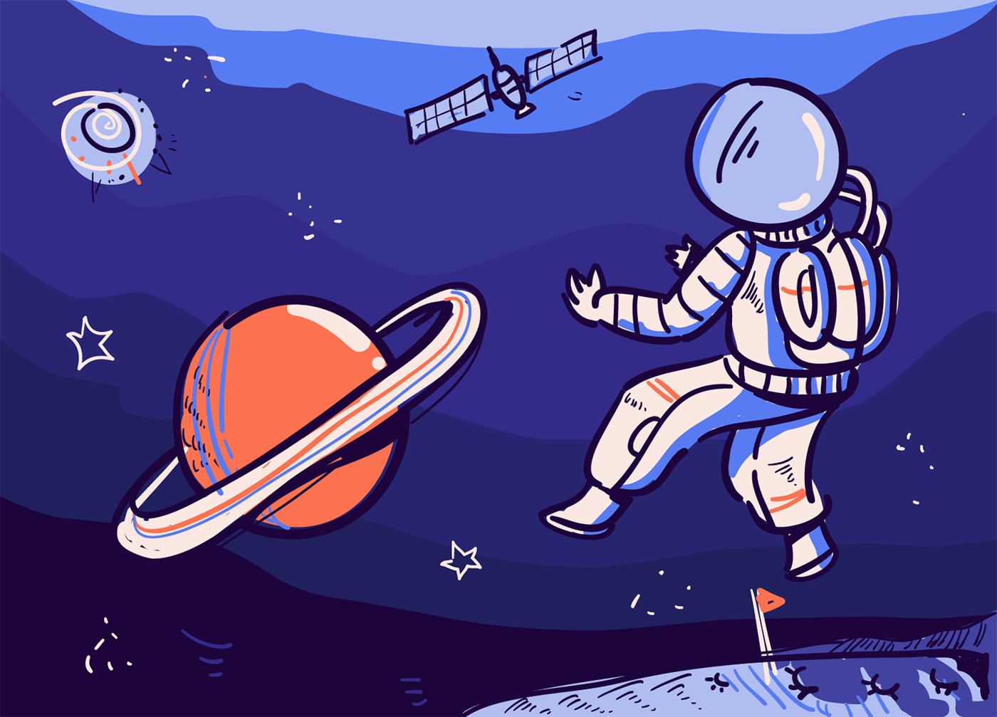 踏入星球太空宇航员矢量涂鸦插图Meet Saturn Doo