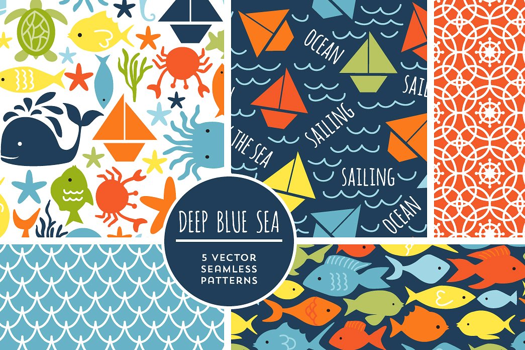 可爱的航海海主题矢量图案素材 Cute Deep Blue