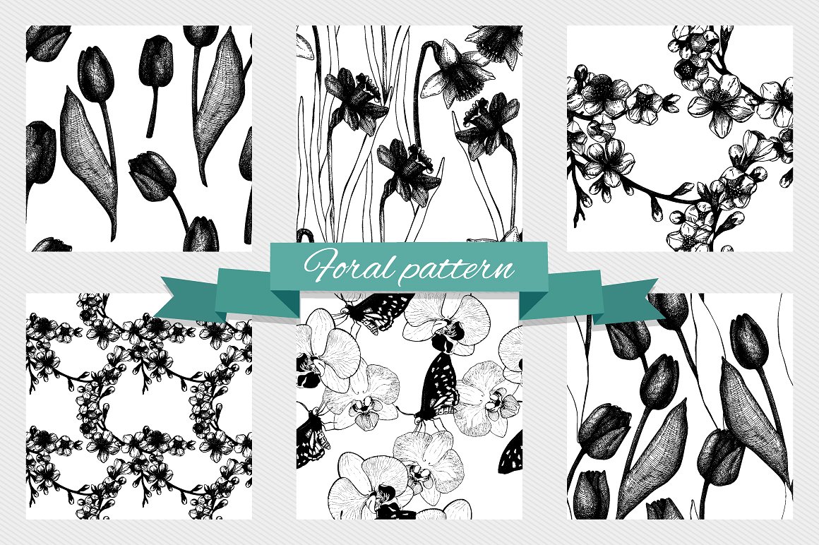 手绘植物设计素材Floral Pattrens Collec