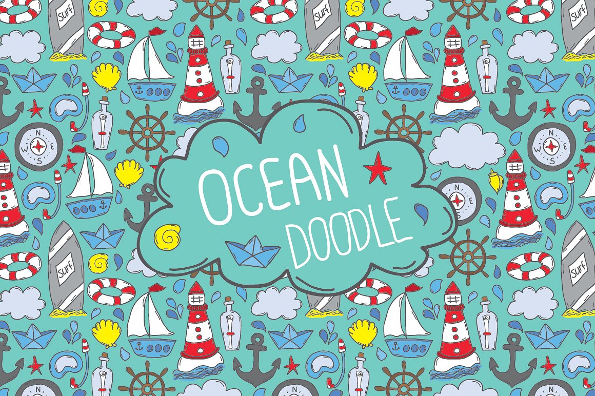 手绘卡通图案设计素材Doodle ocean seamles