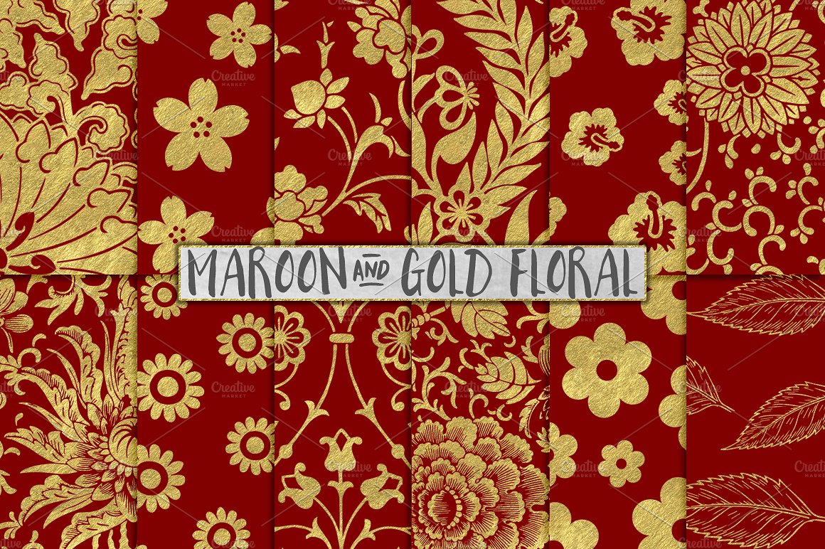 金箔花卉图案背景Maroon and Gold Floral