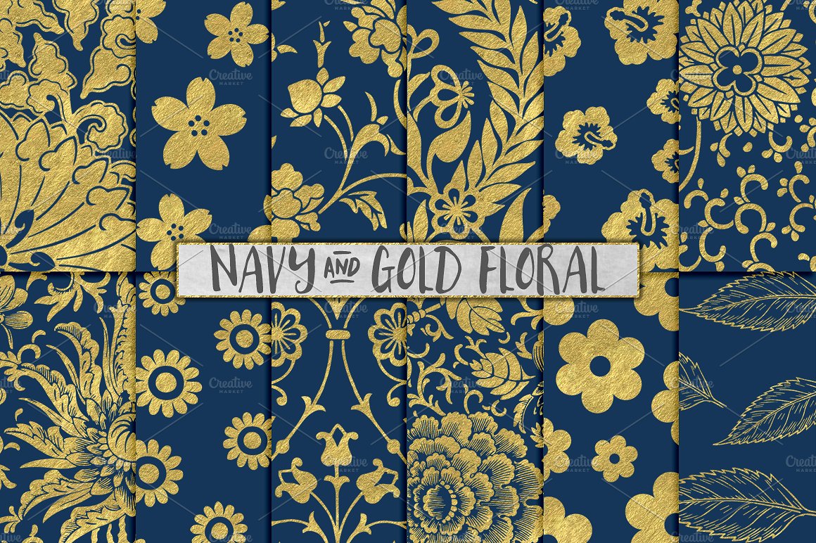 金箔花卉图案无缝背景Navy and Gold Floral