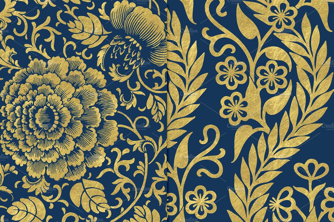 金箔花卉图案无缝背景Navy and Gold Floral