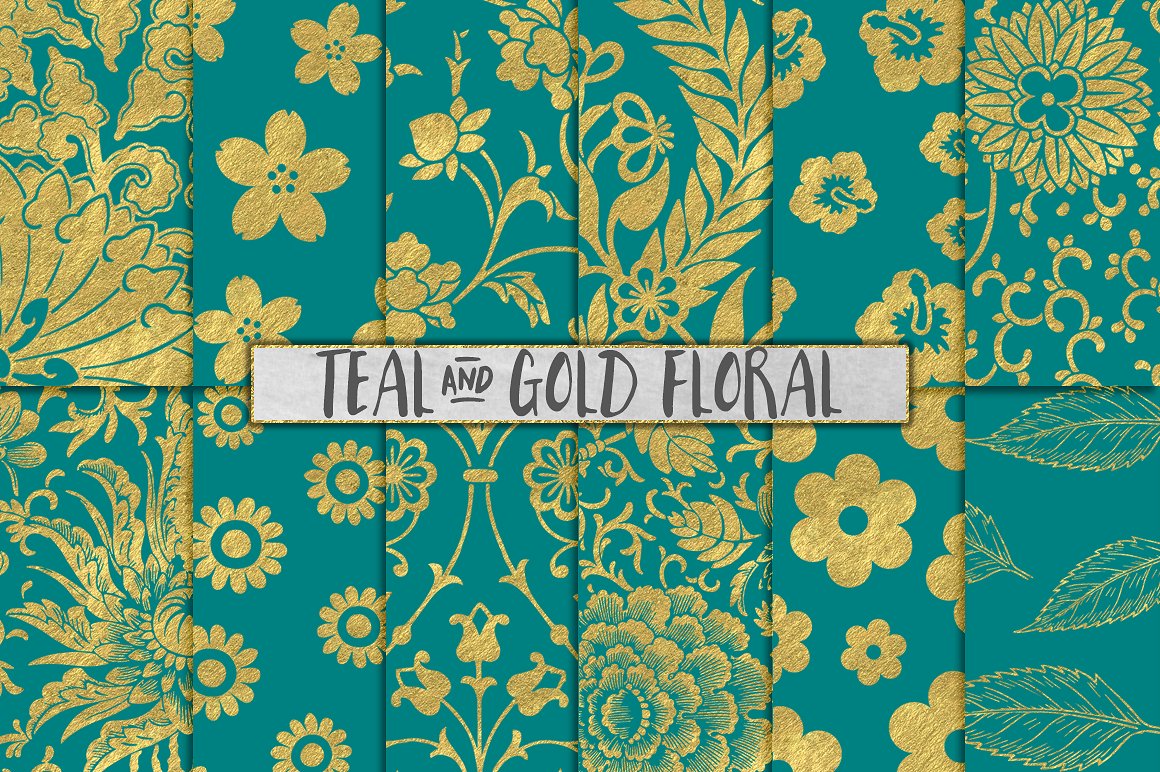 金箔花卉图案无缝背景Teal and Gold Flower