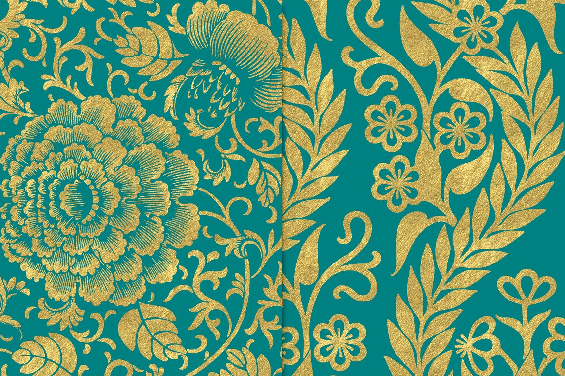 金箔花卉图案无缝背景Teal and Gold Flower