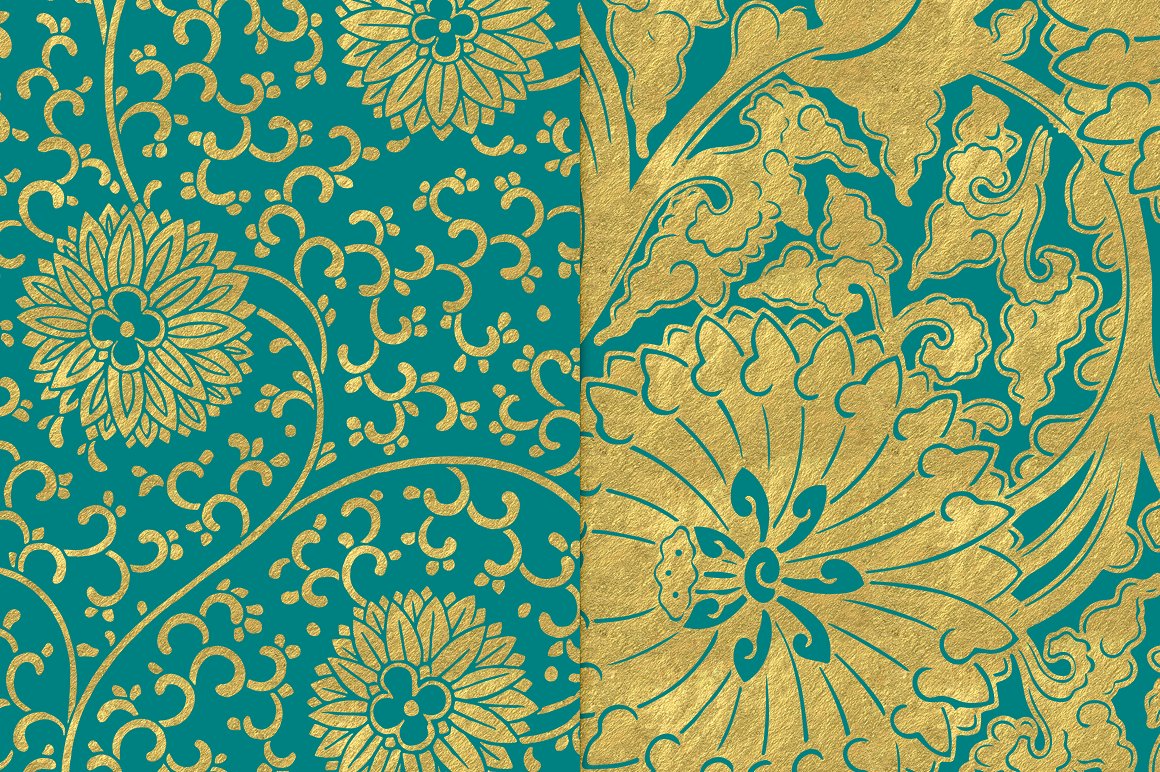 金箔花卉图案无缝背景Teal and Gold Flower