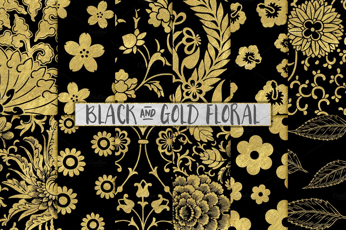 金箔花卉图案背景Black and Gold Floral