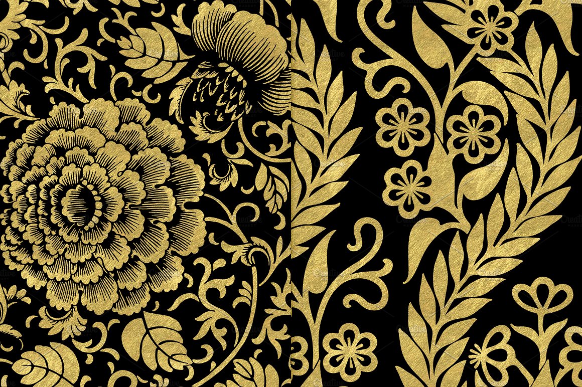 金箔花卉图案背景Black and Gold Floral