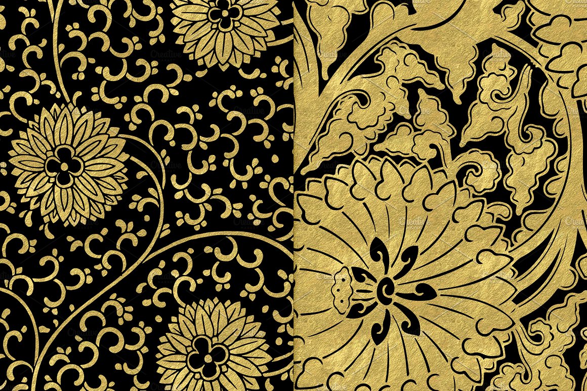 金箔花卉图案背景Black and Gold Floral