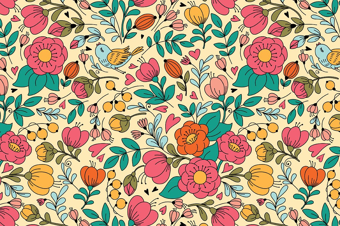 可爱花鸟图案无缝背景Floral Pattern #7079