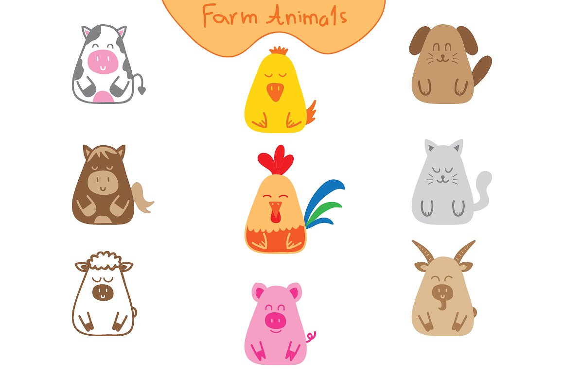 手绘卡通图案无缝背景Doodle farm animals