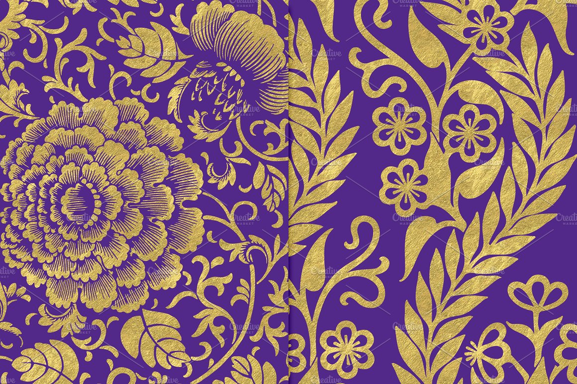紫色金箔花卉图案设计元素Royal Purple and G