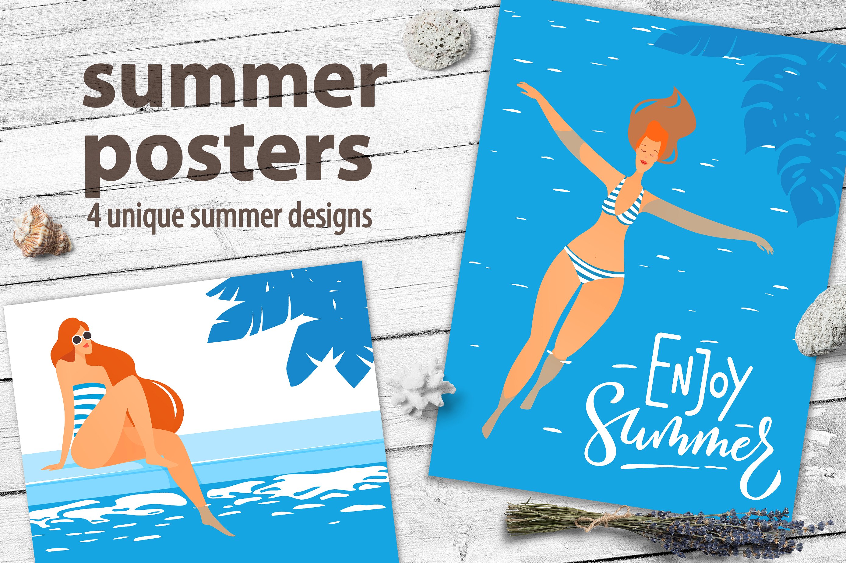夏季女孩日光浴插图海报矢量素材 Summer Posters