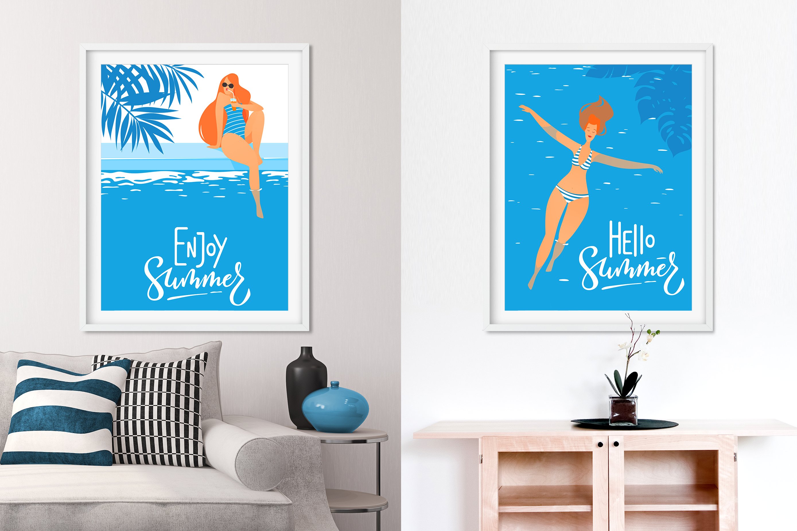夏季女孩日光浴插图海报矢量素材 Summer Posters