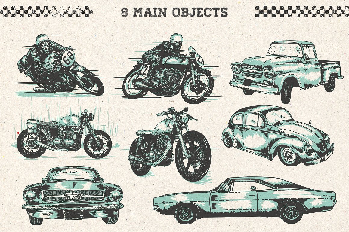 复古手绘摩托车主题设计素材Hand drawn Cars a