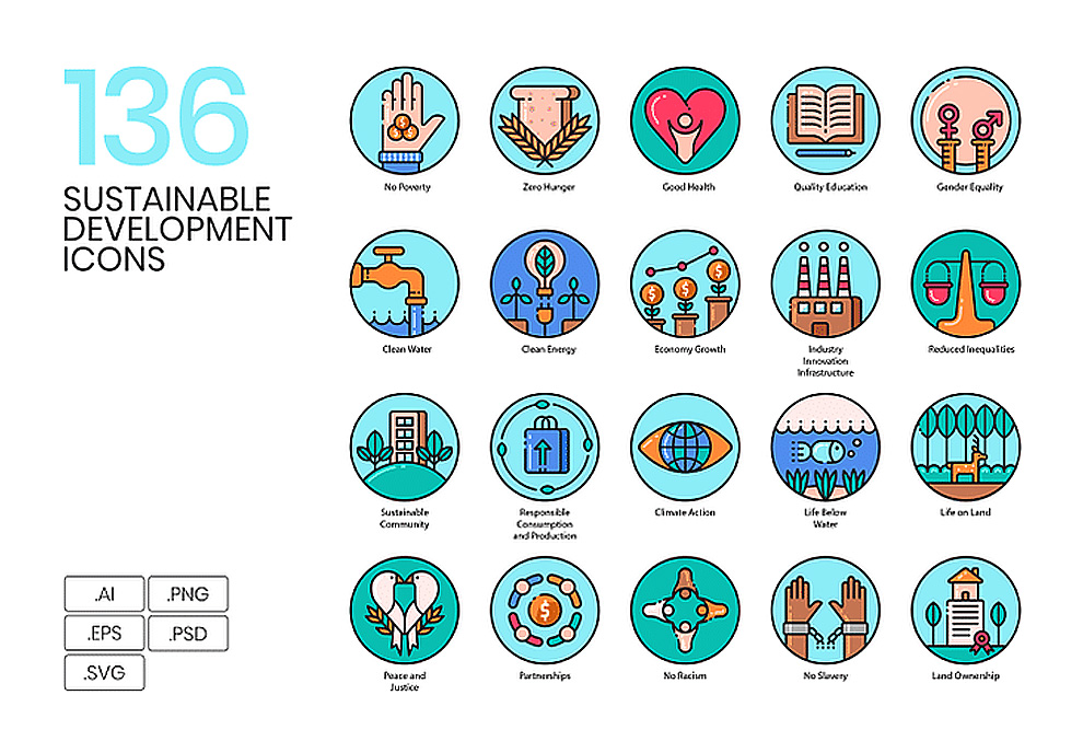 136个可持续发展环保能源清洁卫生矢量图标集Sustaina