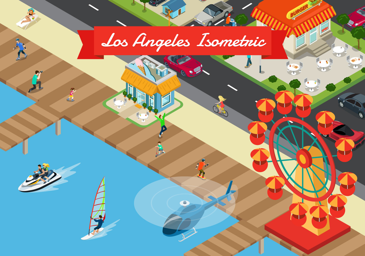 等距等轴洛杉矶海滨城市矢量景观Isometric Los A