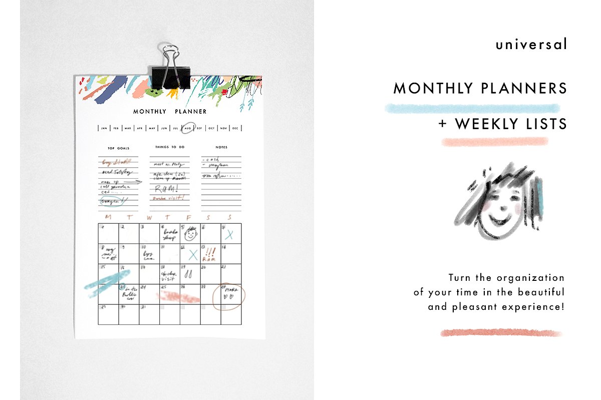 涂鸦设计元素表格图表设计模板Monthly planners