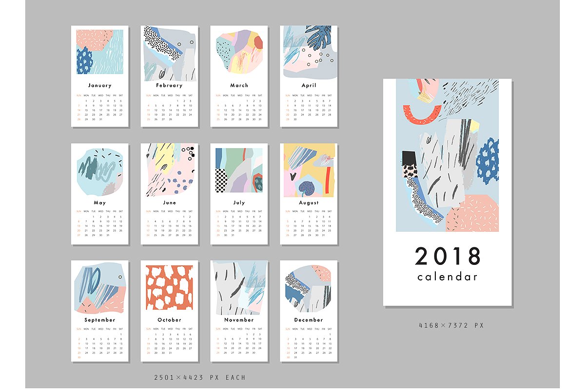 手绘抽象艺术图案日历模板2018 CALENDARS set