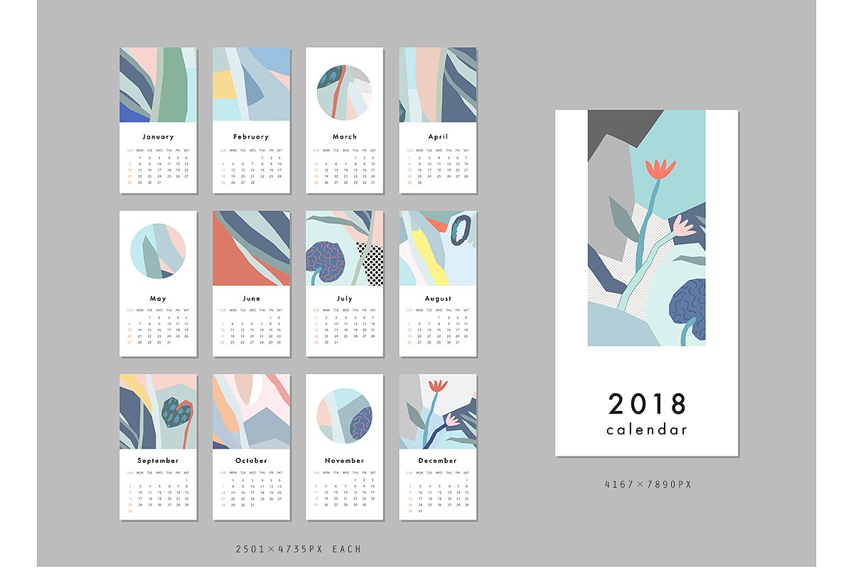 手绘抽象艺术图案日历模板2018 CALENDARS set