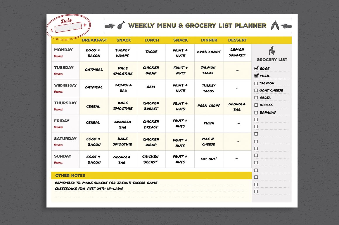 图表表格设计模板Menu &Grocery List