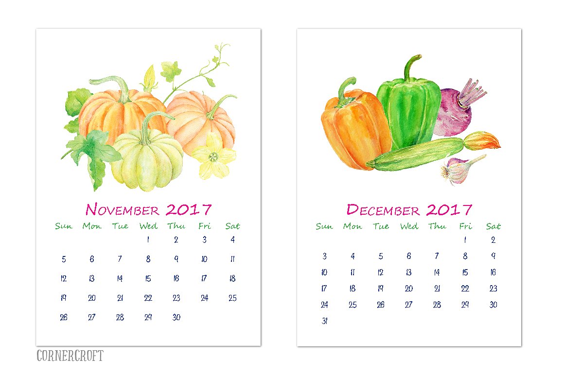 手绘水彩蔬菜元素日历设计模板2018 Calendar Wa