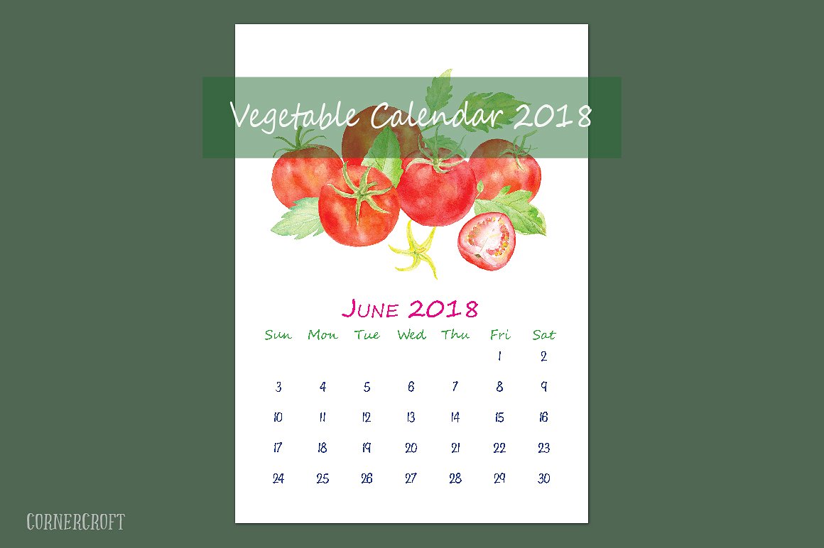 手绘水彩蔬菜元素日历设计模板2018 Calendar Wa