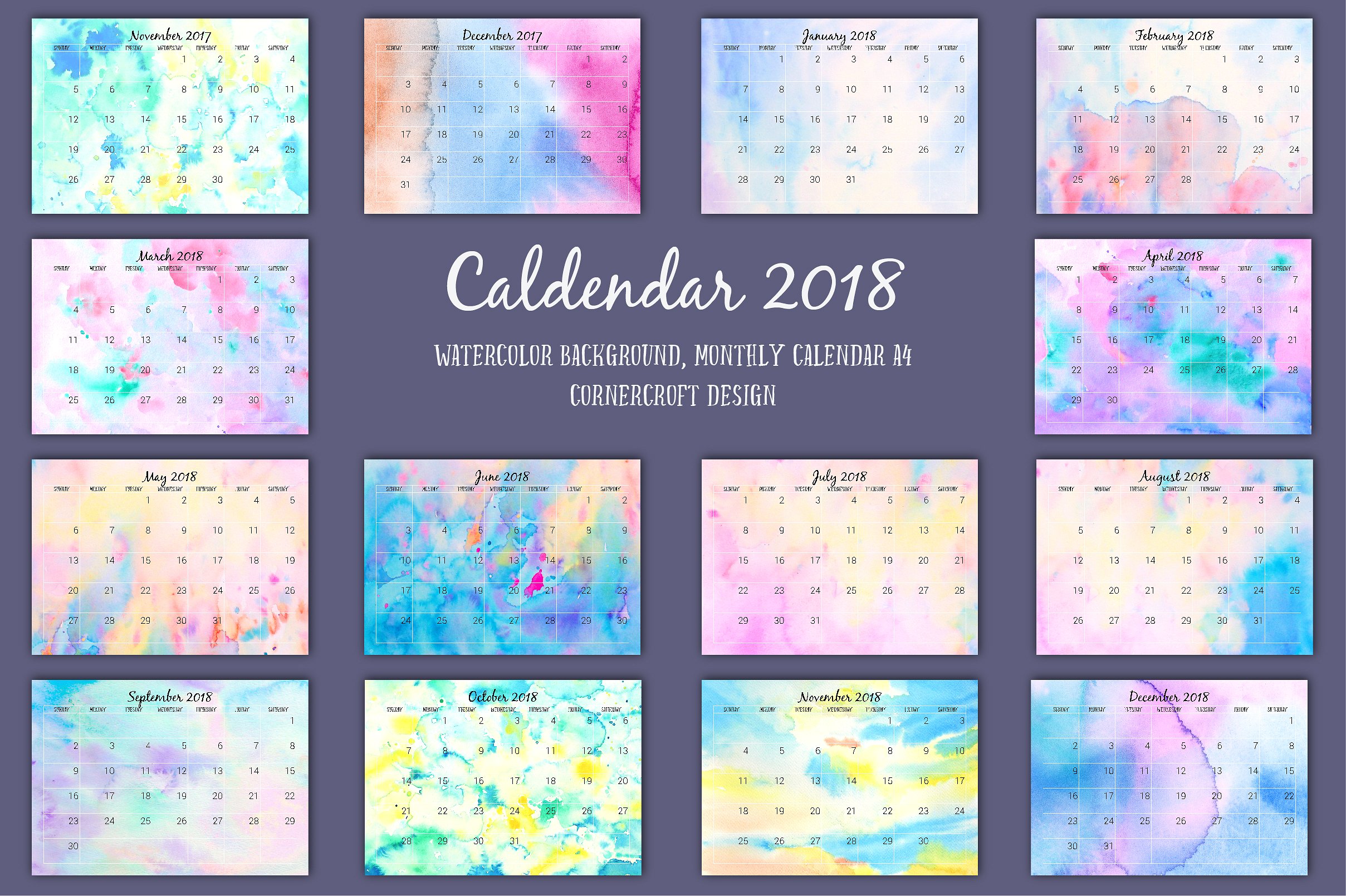 手绘水彩渐变背景日历设计模板2018 Calendar Mo