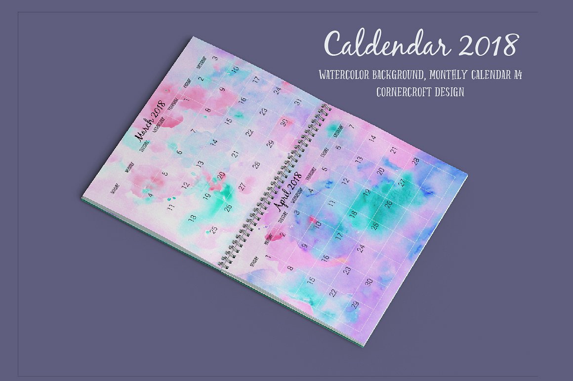 手绘水彩渐变背景日历设计模板2018 Calendar Mo