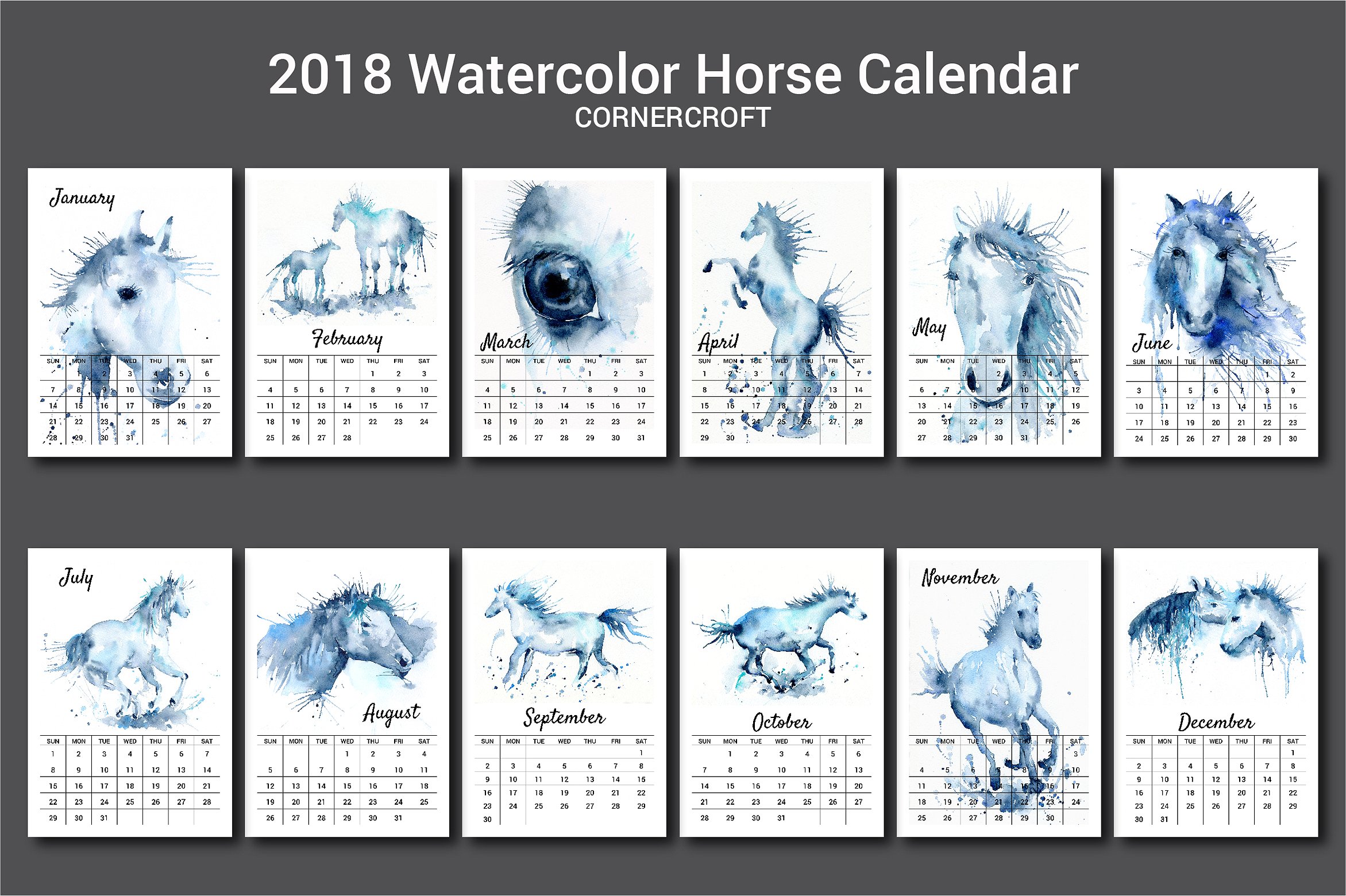 手绘水彩马儿日历设计模板2018 Calendar Wate