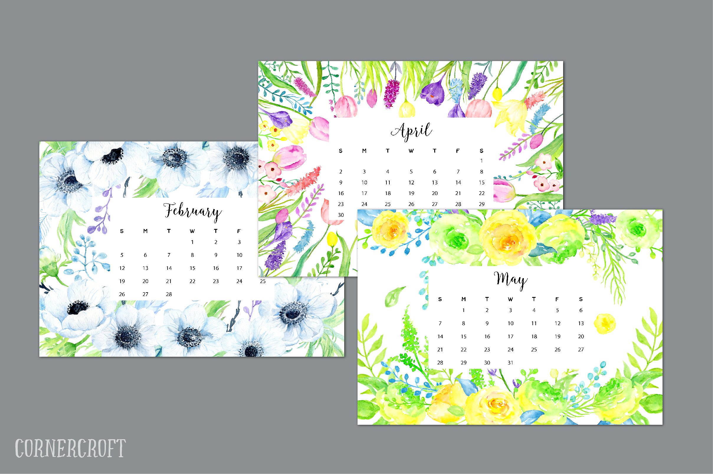 手绘水彩花卉植物元素日历设计模板2017 Calendar