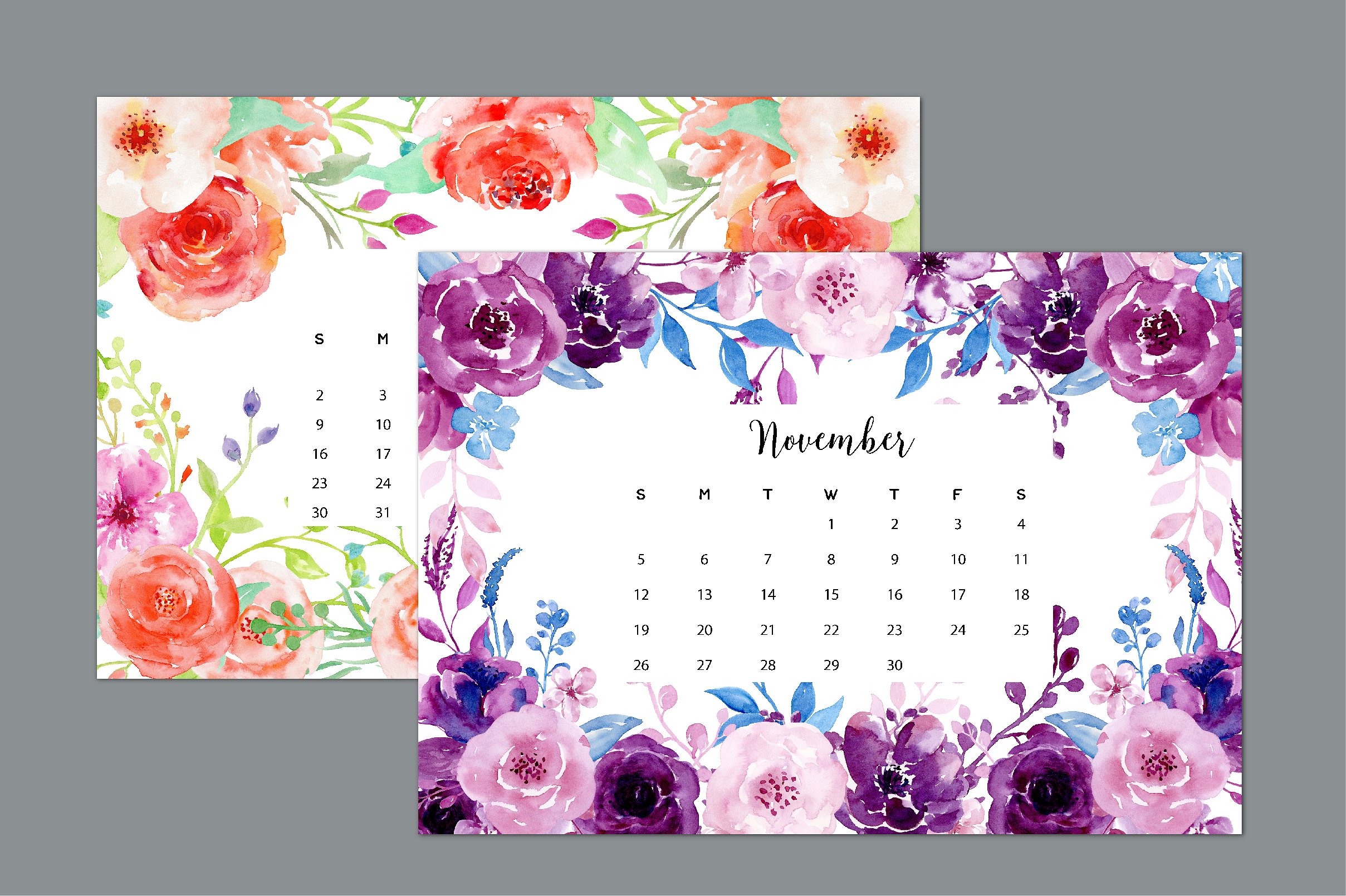 手绘水彩花卉植物元素日历设计模板2017 Calendar