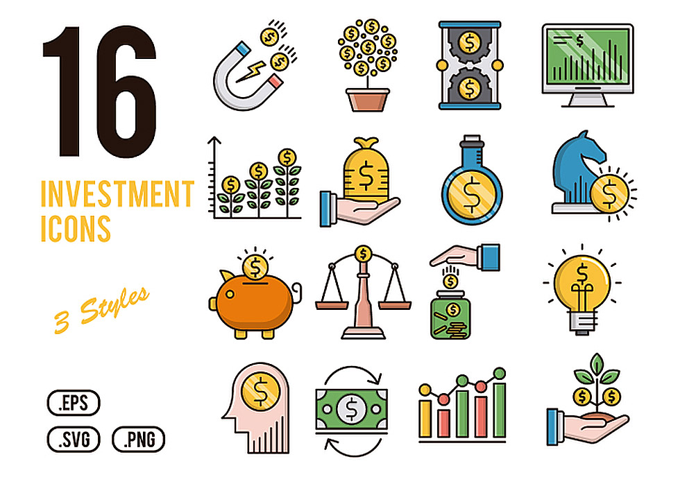16个金融数据投资分析矢量图标集Investment Ico