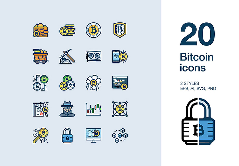 2种风格的20个金融比特币矢量图标集Bitcoin icon