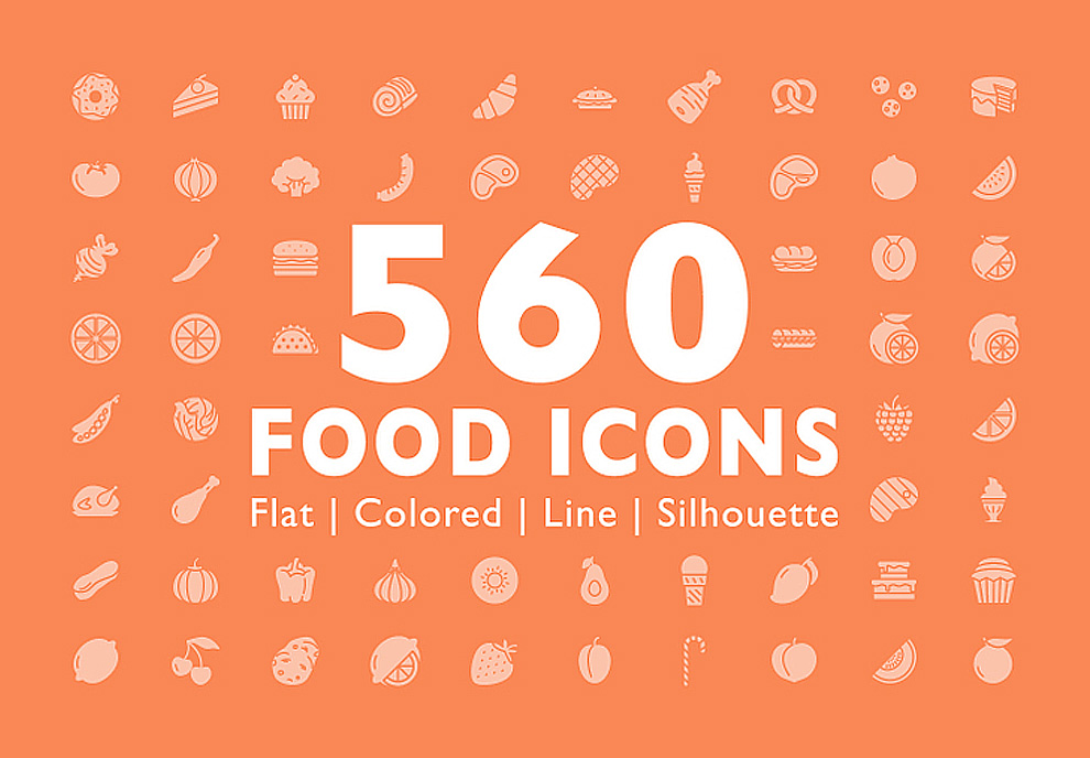 560种食物酒饮料早餐肉糖果蔬菜水果海鲜快餐面包店矢量图标集