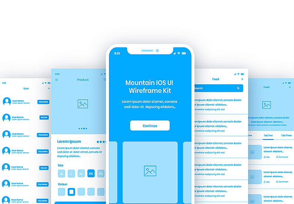 高品质蓝色170+移动iOS UI线框工具包Mountain