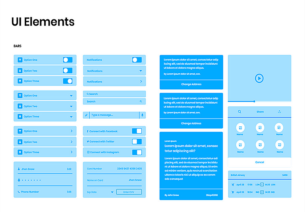 高品质蓝色170+移动iOS UI线框工具包Mountain