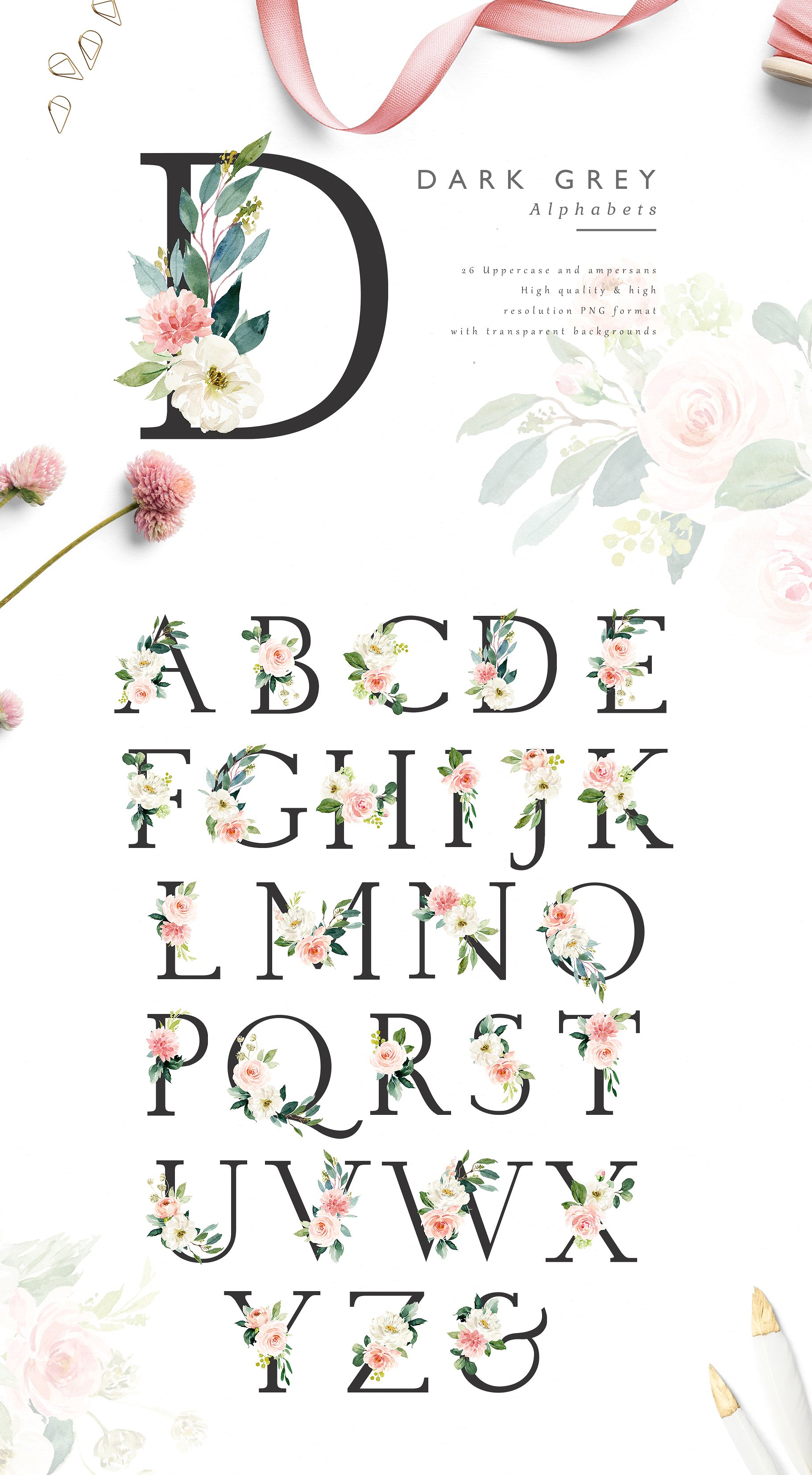 手绘水彩花卉字母设计元素Ethereal Blush-Flo