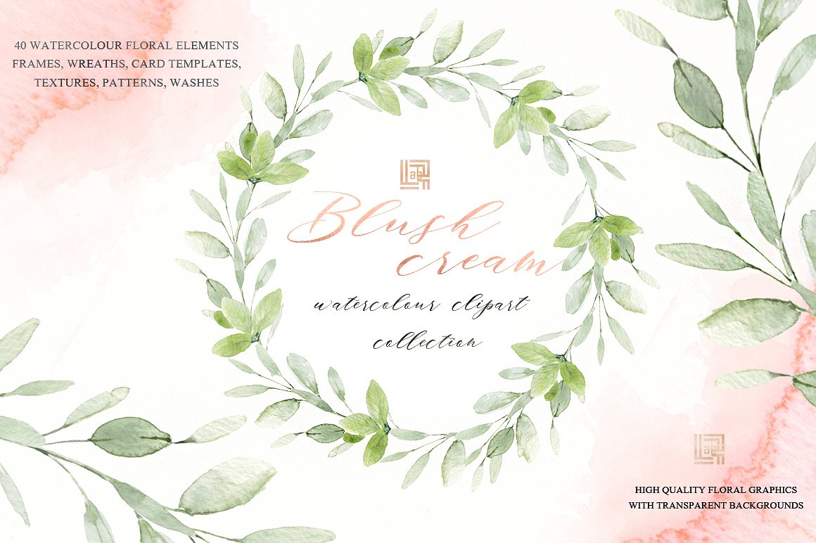 手绘粉红色花卉植物设计素材Blush cream. Feme