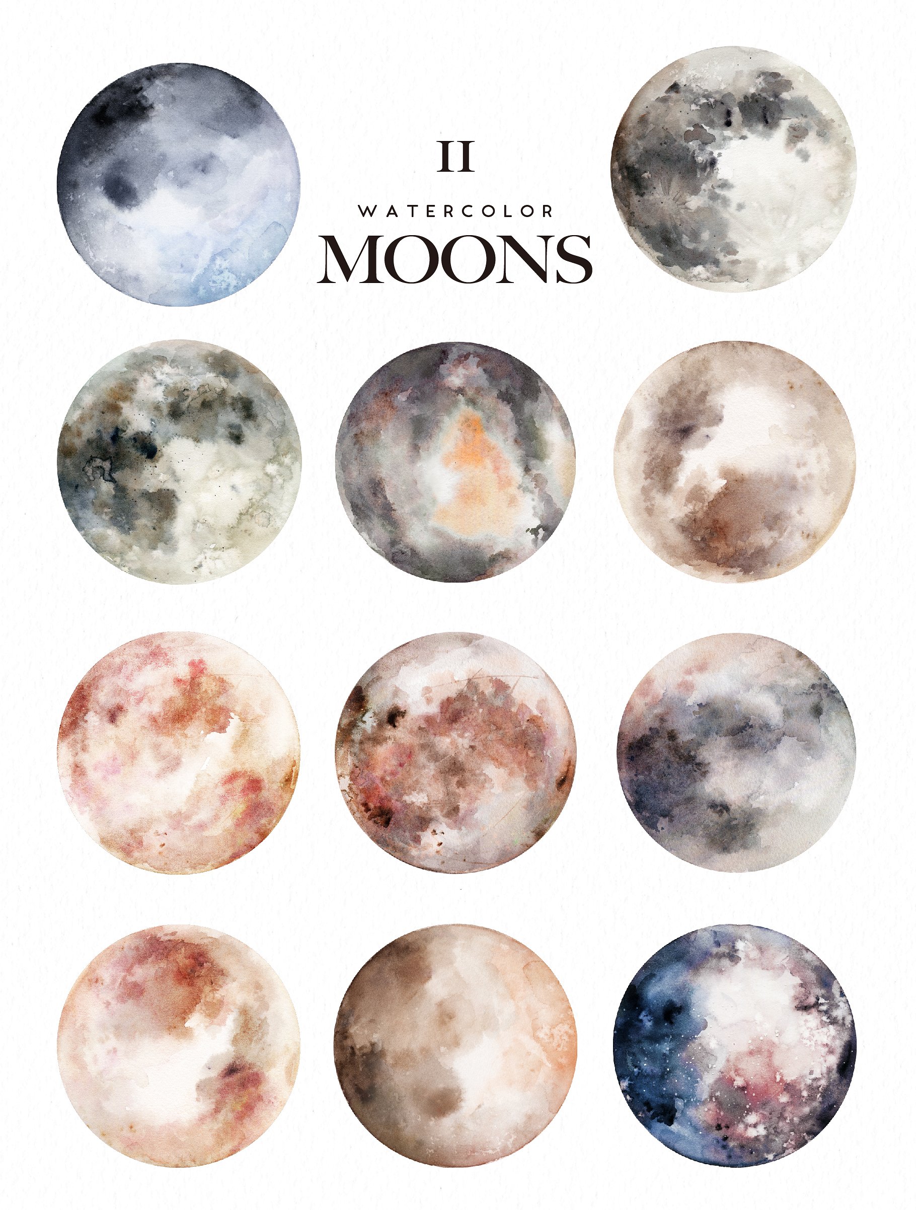 手绘水彩月亮星空设计素材Watercolor Moons #