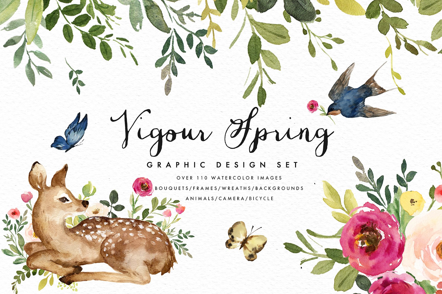 手绘花卉植物动物设计元素Vigorous Spring-Gr