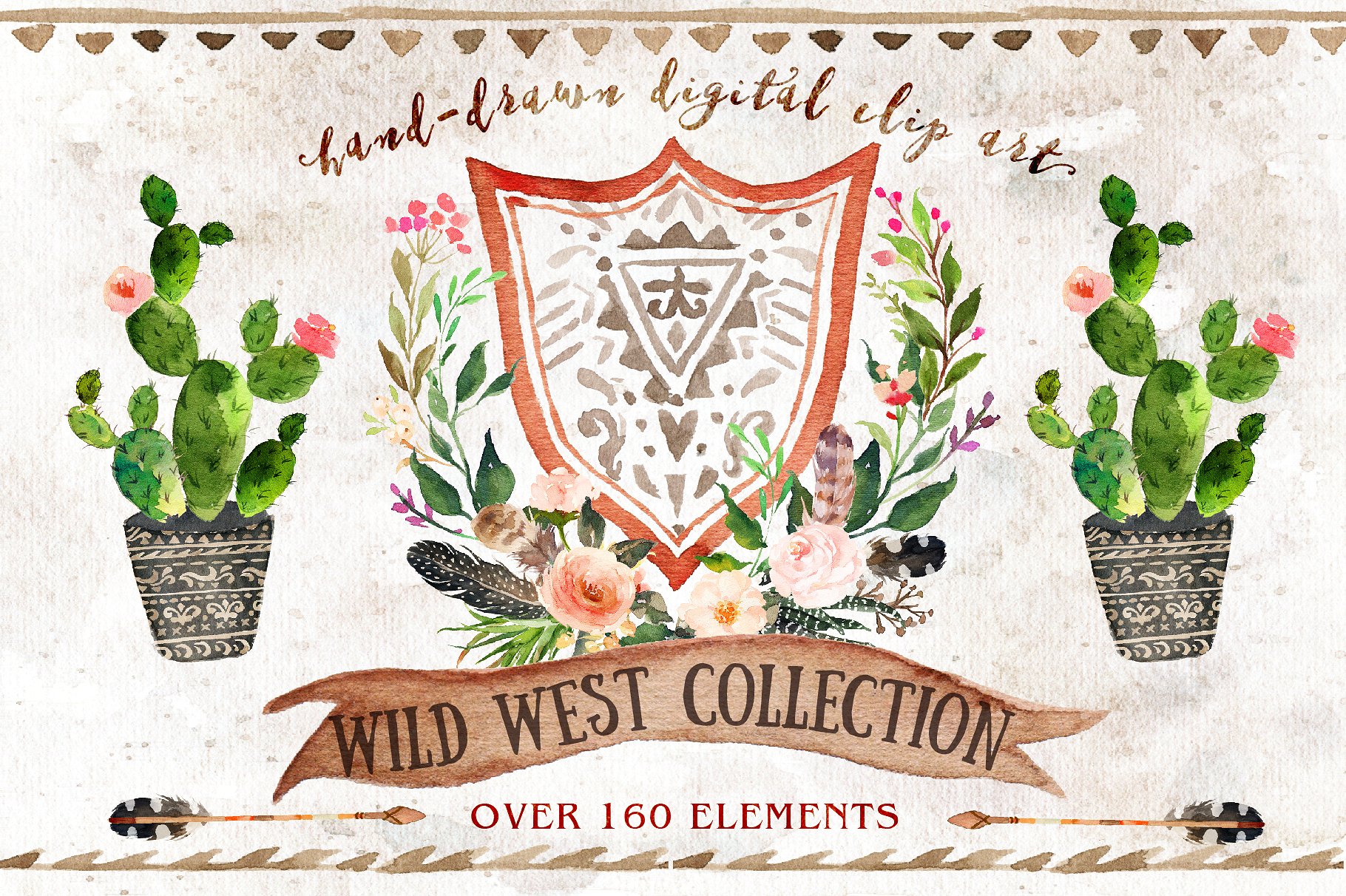 西方部落水彩手绘花卉设计元素Watercolor Wild