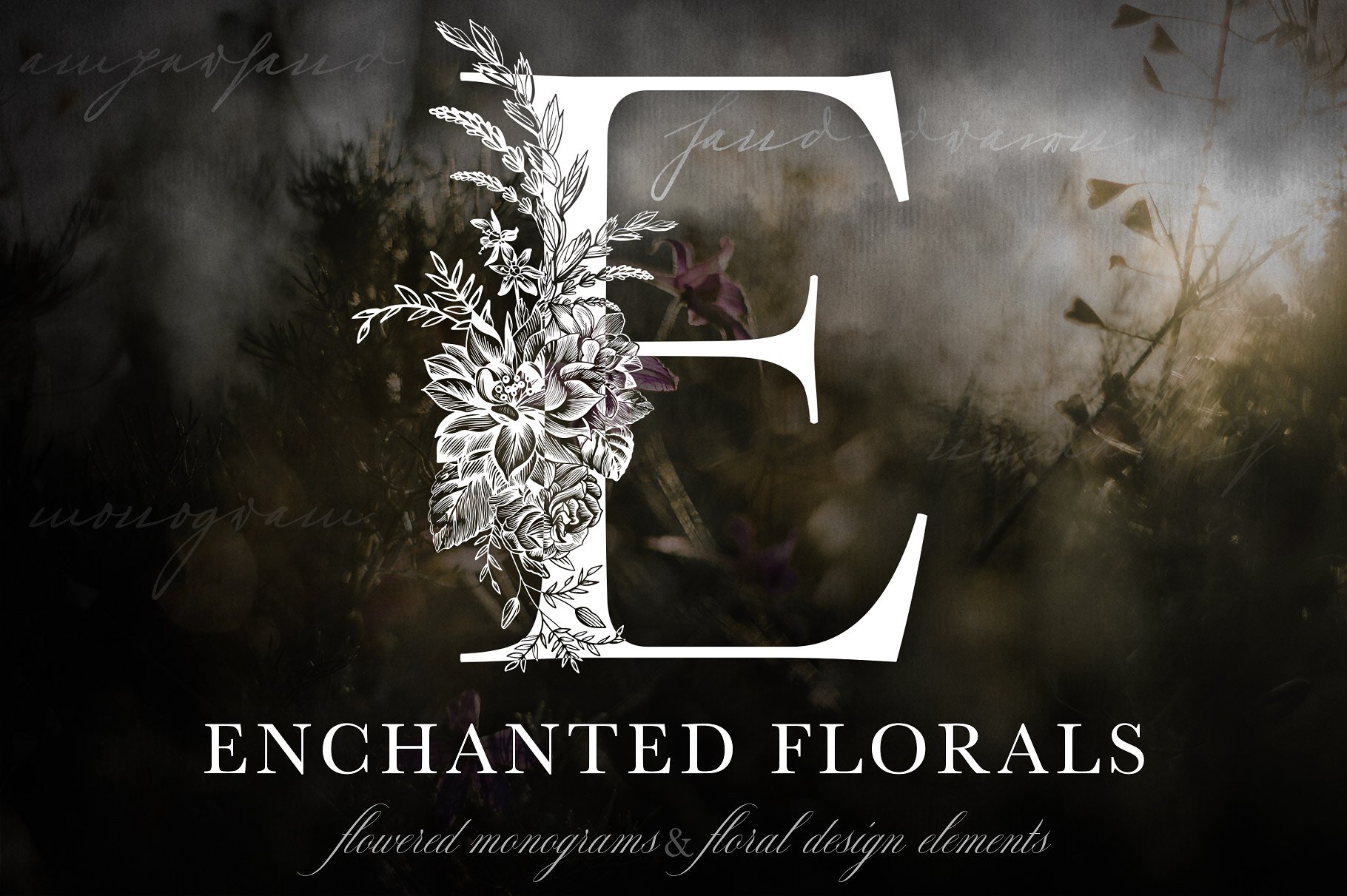 手绘花卉字母设计元素Enchanted Florals Mo