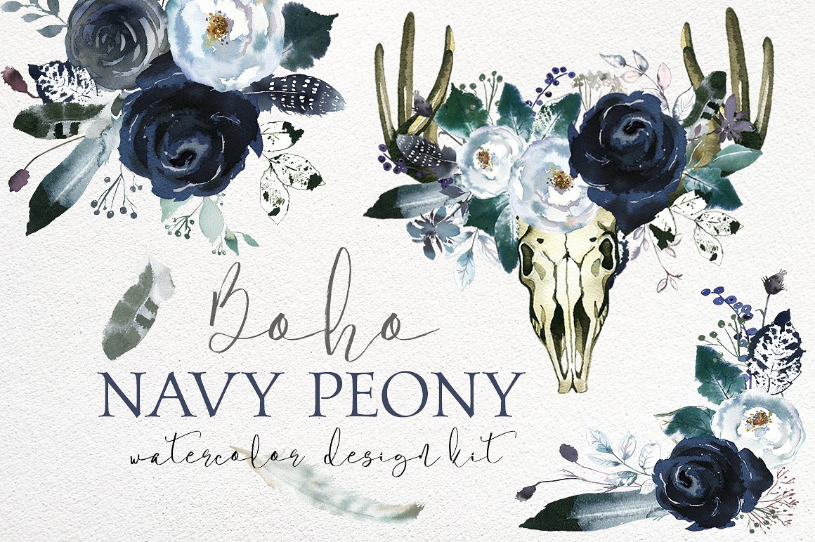 手绘水彩波西米亚风格花卉植物设计素材Boho Navy Pe