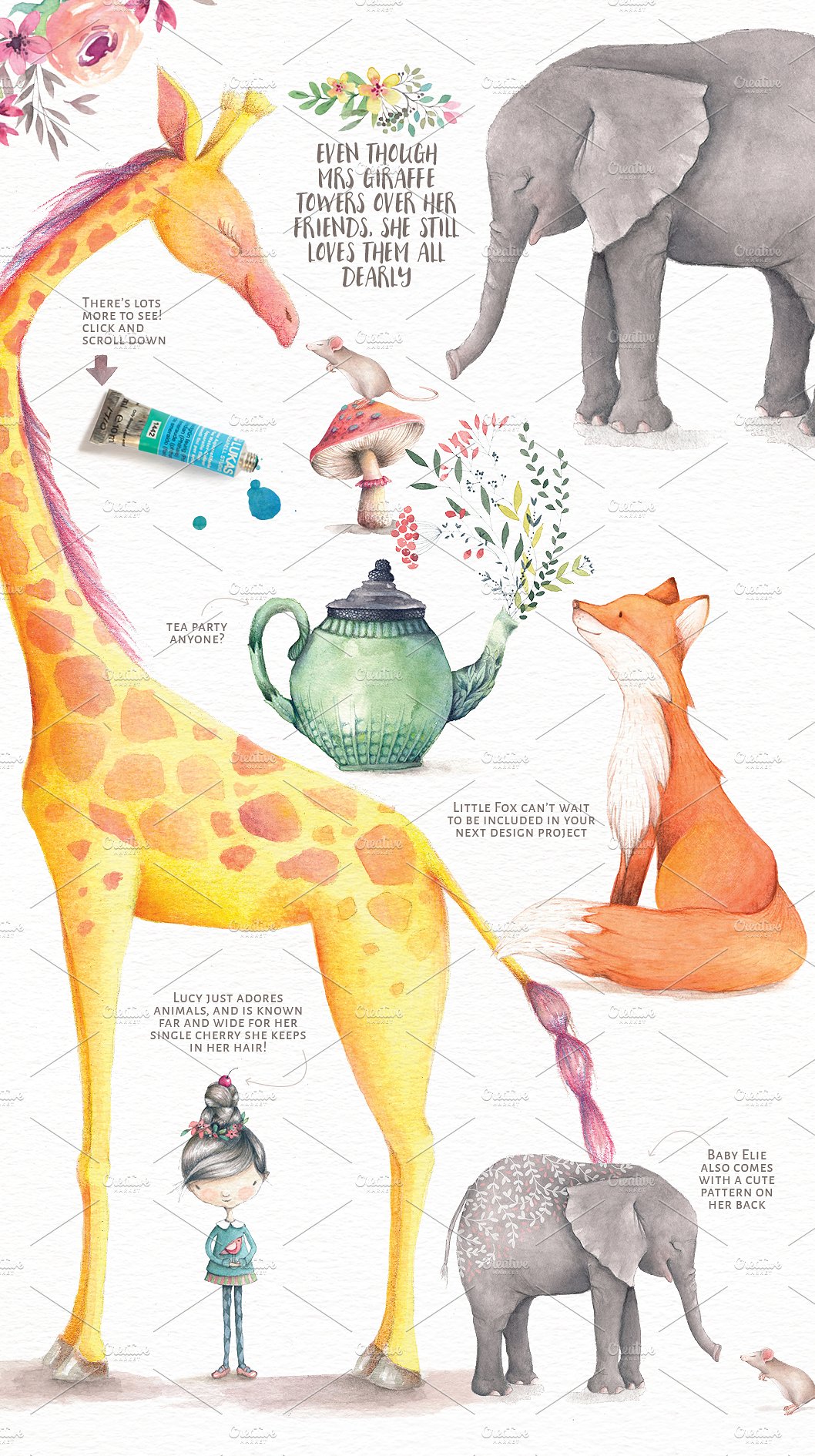 手绘水彩森林主题设计素材Watercolor animals